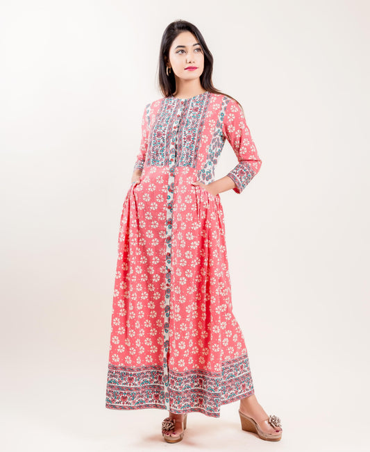 Cotton Indo Western Long Dress In Peach With Ivory And Blue Prints