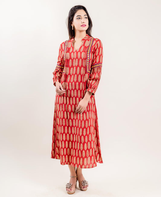 Embroidered Rust Beige Printed Long Quarter Sleeves Designer Dress