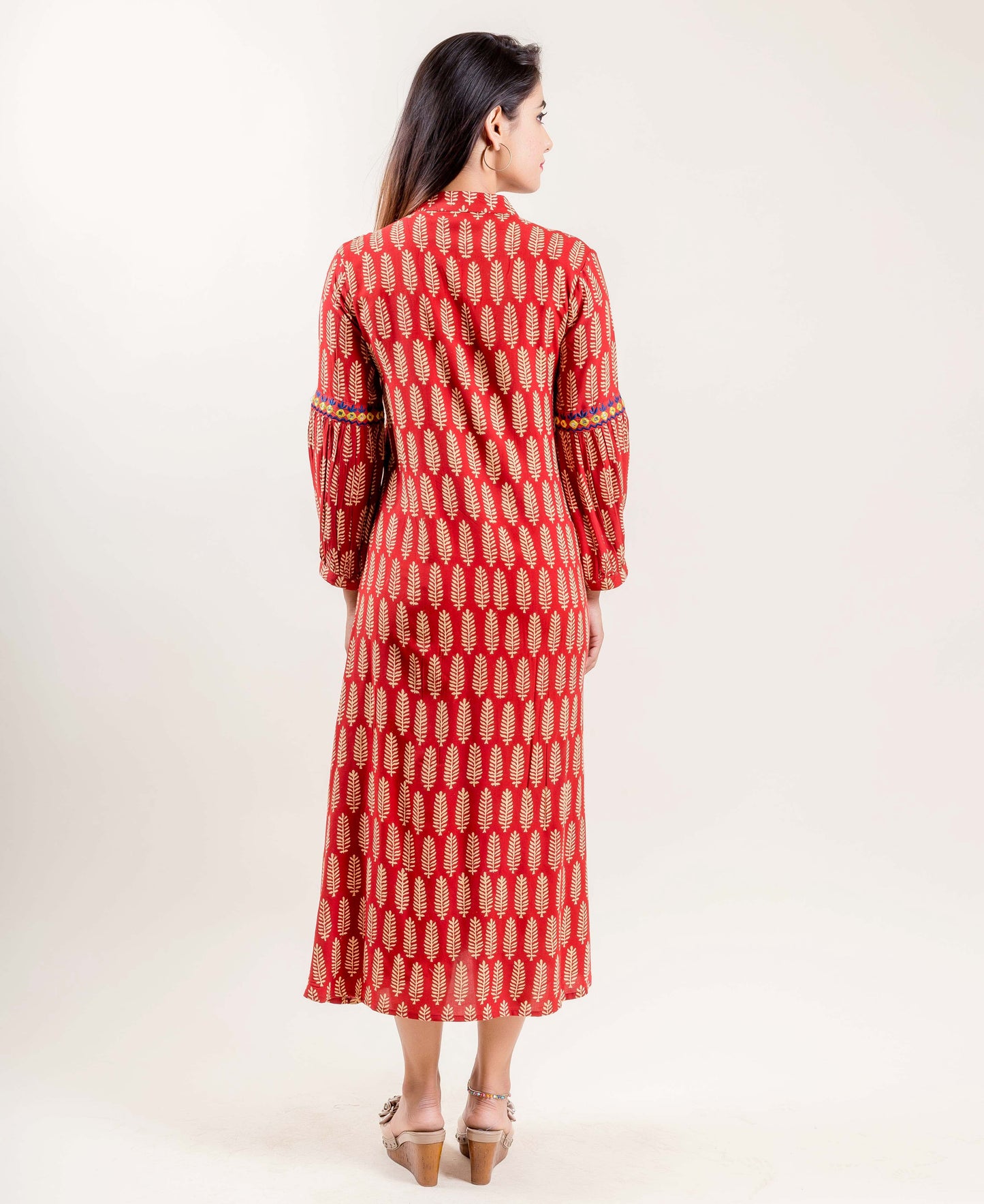 Embroidered Rust Beige Printed Long Quarter Sleeves Designer Dress
