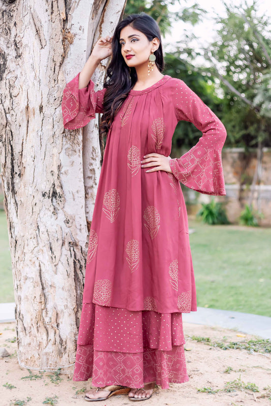 Rust Layered Hand Block Printed Long Dress