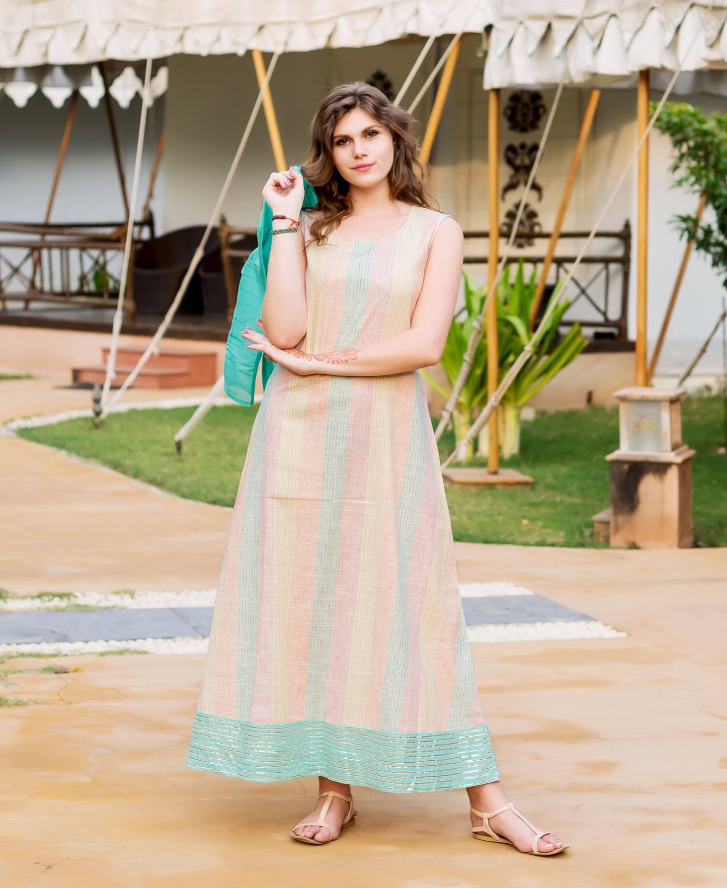 Aqua Blue Chanderi Jacket Dress with Ikat Inner