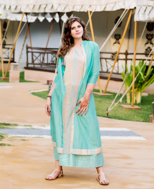 Aqua Blue Chanderi Jacket Dress with Ikat Inner