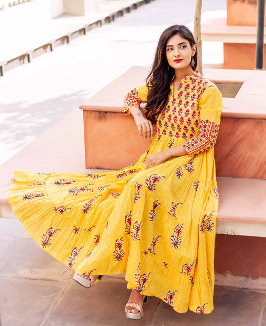Yellow Tier Hand Block Printed Long Dress