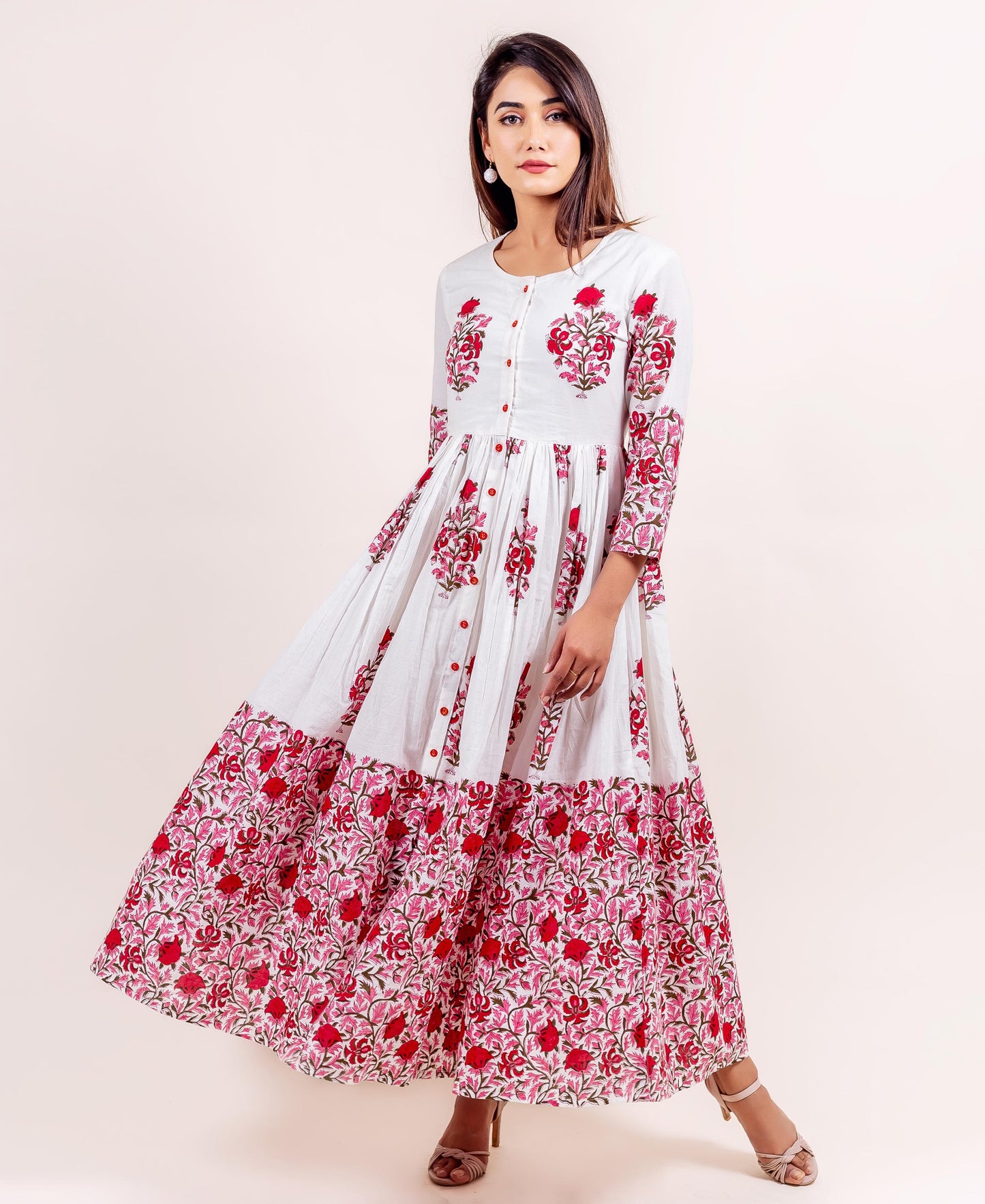 White and Red Block Printed Anarkali Dress