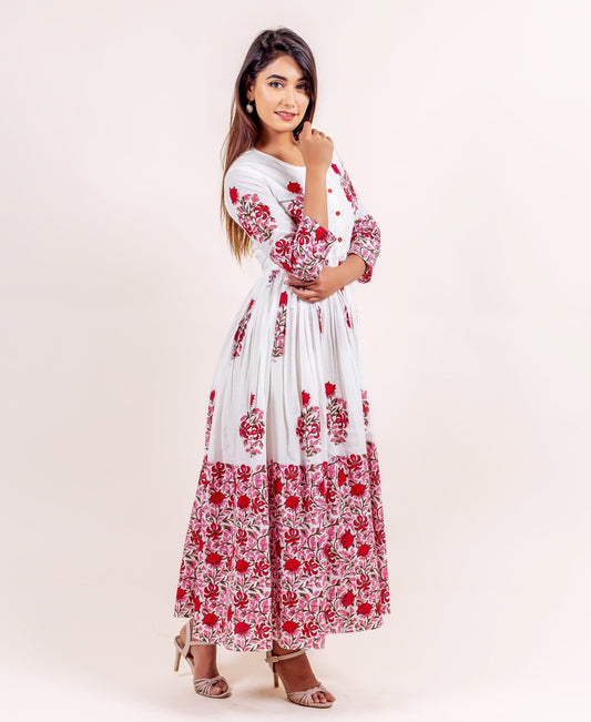 White and Red Block Printed Anarkali Dress