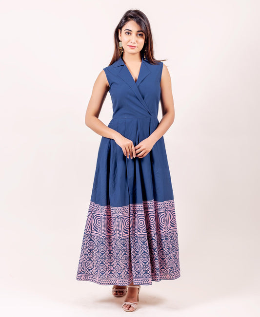 Solid Indigo Blue Pleated Dress with Printed Hemline