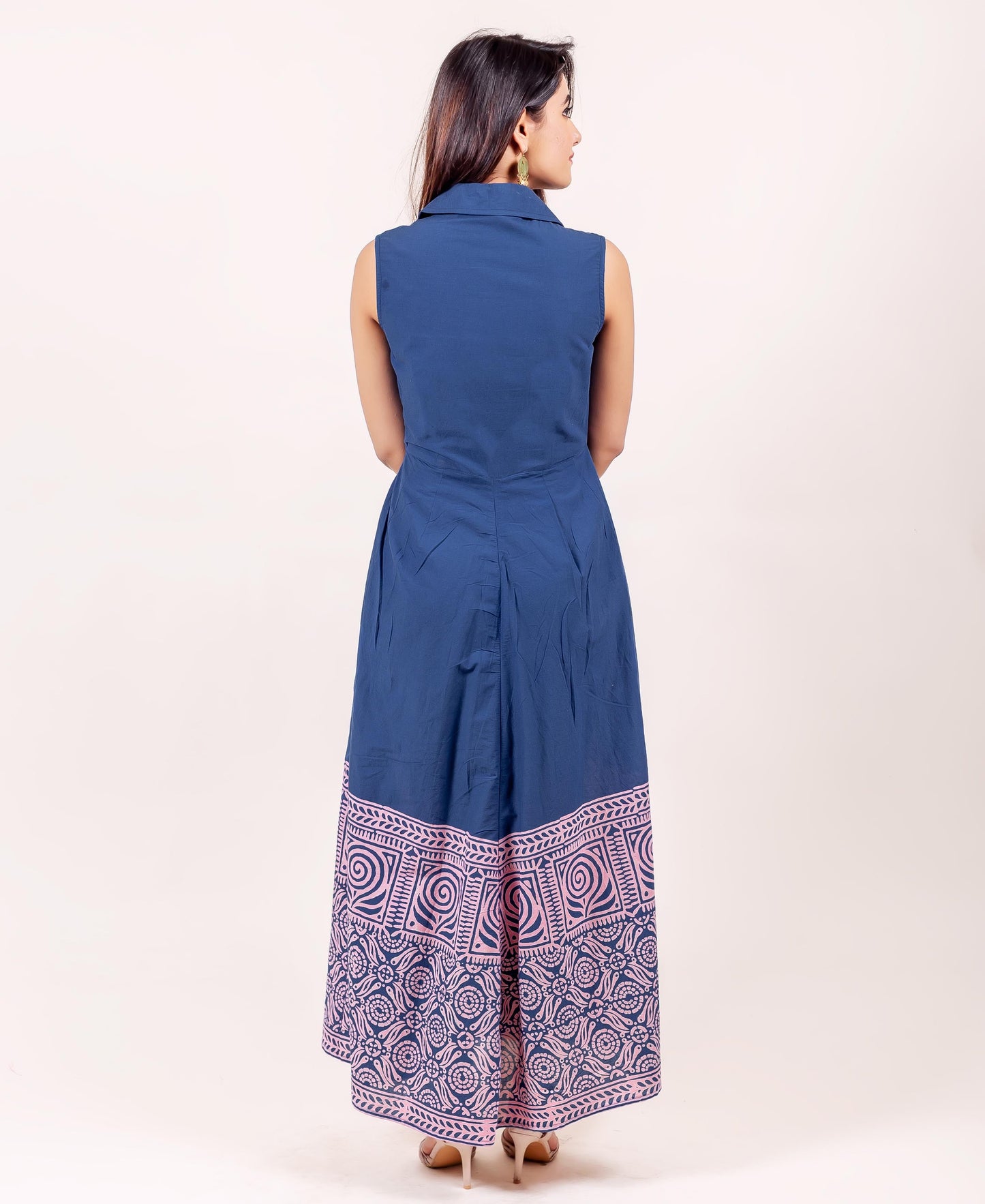Solid Indigo Blue Pleated Dress with Printed Hemline