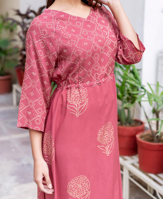 Rust and Gold Rayon Tea Length Dress