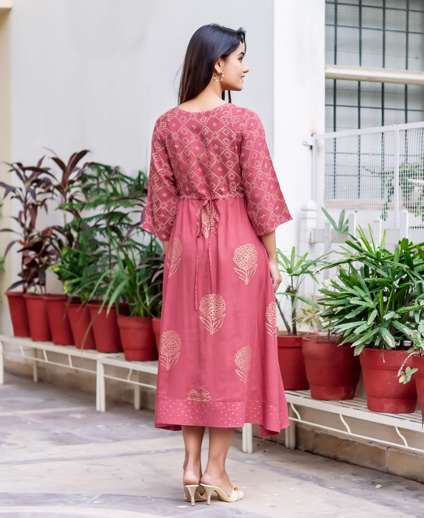 Rust and Gold Rayon Tea Length Dress