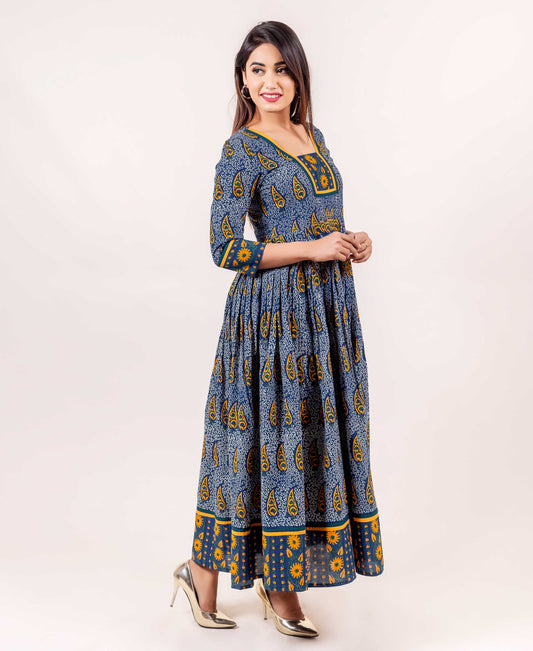 Indigo and Yellow Block Printed Anarkali Dress