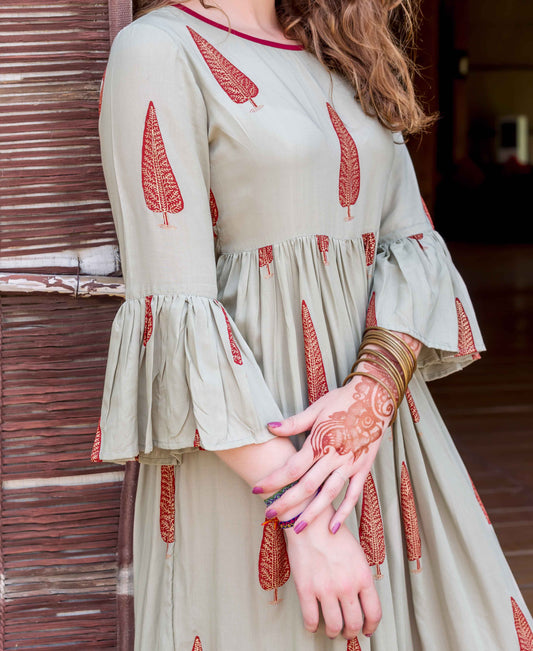 Sage Green Rayon Block Printed Long Dress