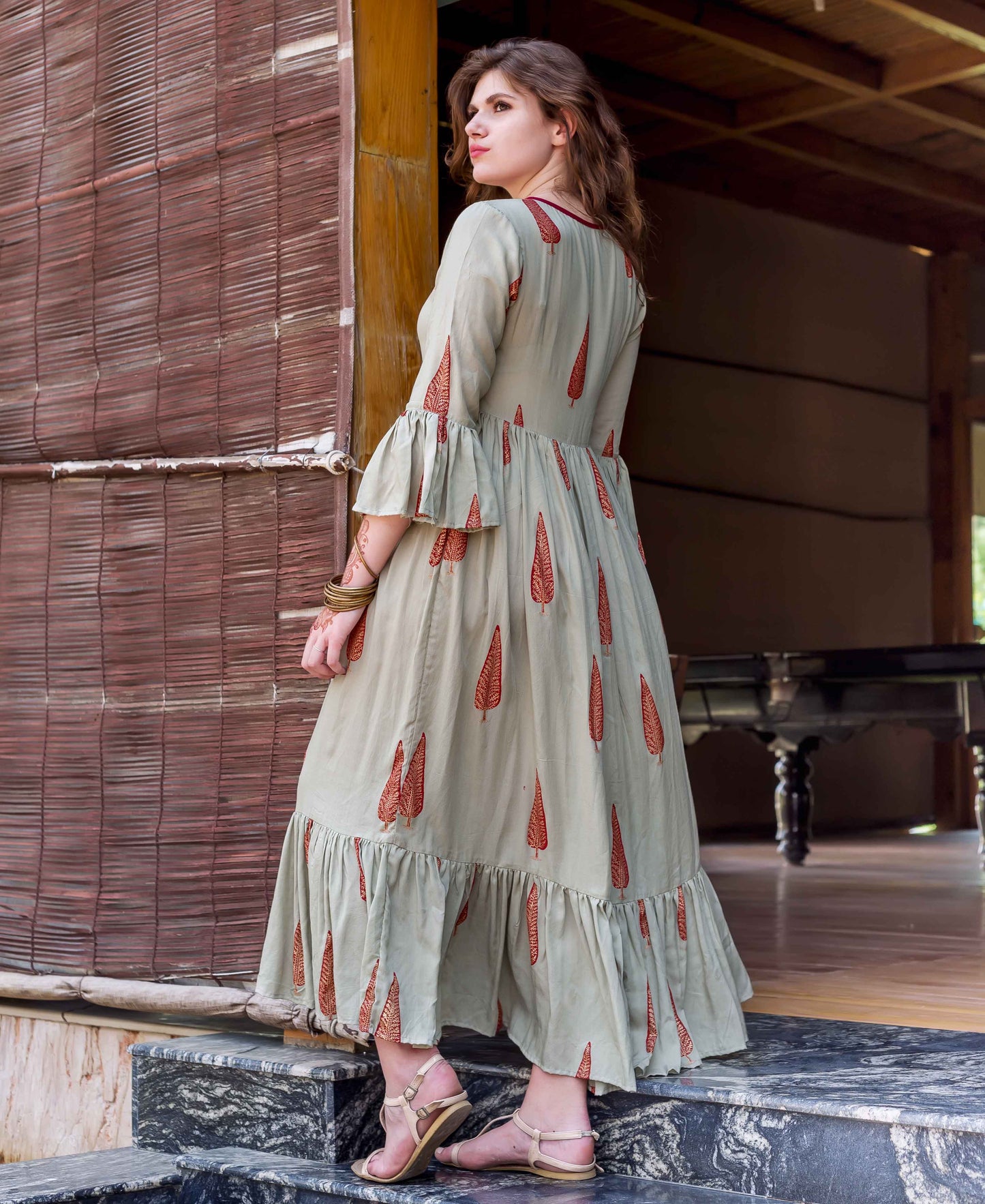 Sage Green Rayon Block Printed Long Dress