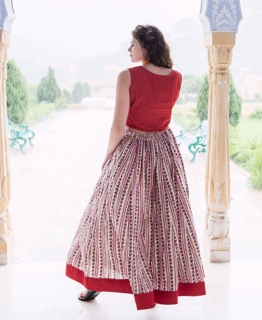 Red and White Top with Block Printed Skirt