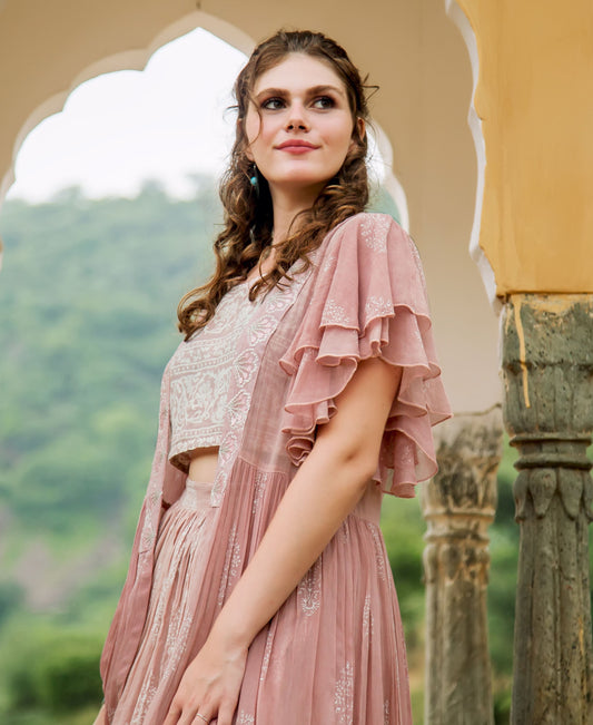 Dusty Pink Indowestern Dress with Detachable Georgette Jacket