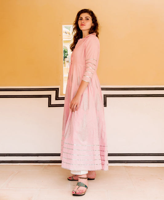 Pink and White Indowestern Jacket Dress with Silver Print