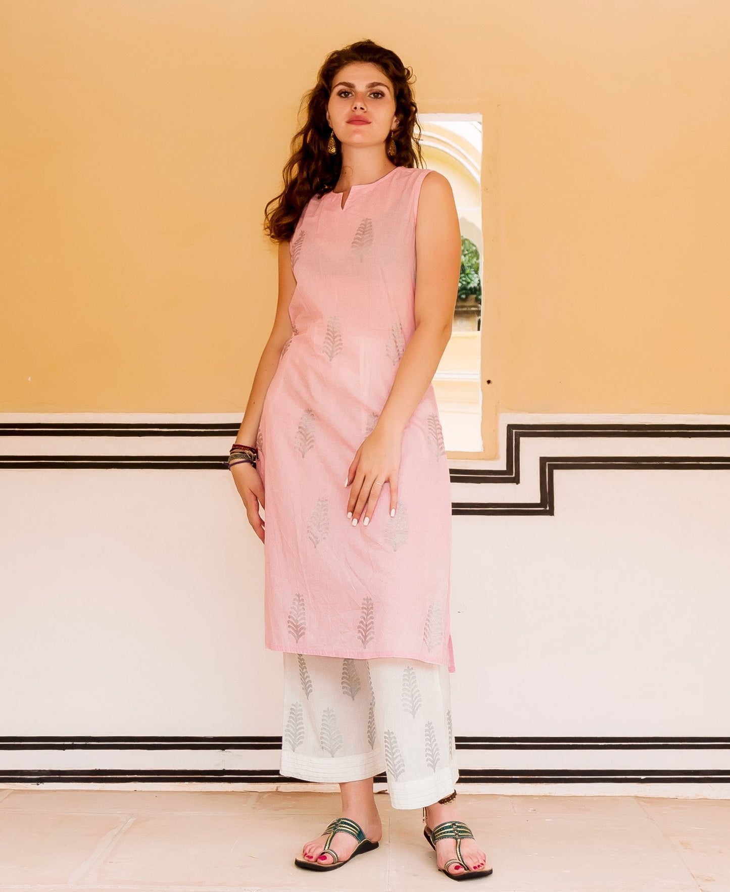 Pink and White Indowestern Jacket Dress with Silver Print