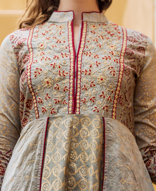 Grey Designer Layered Chanderi Dress