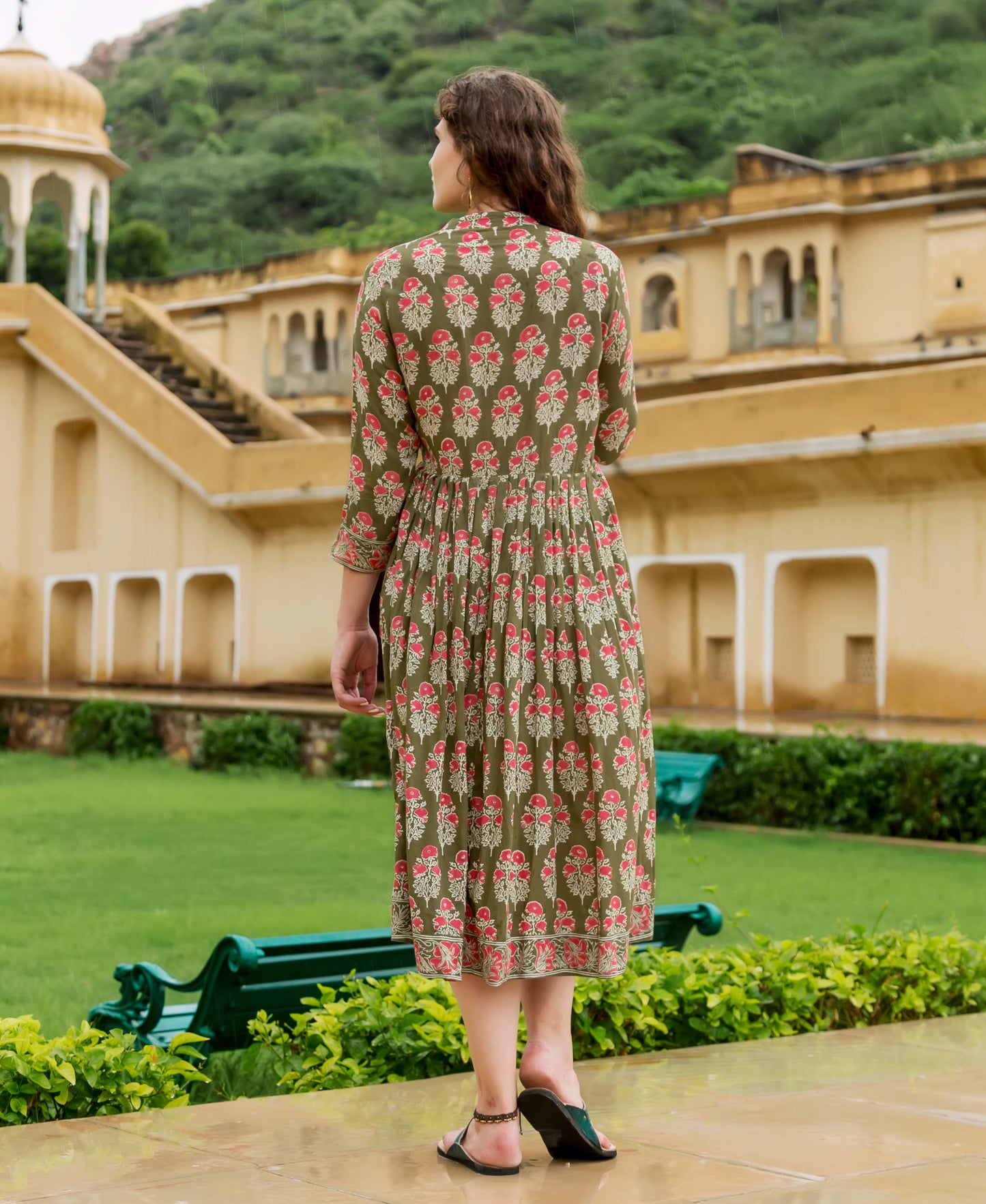 Olive Green Hand Block Printed Dress