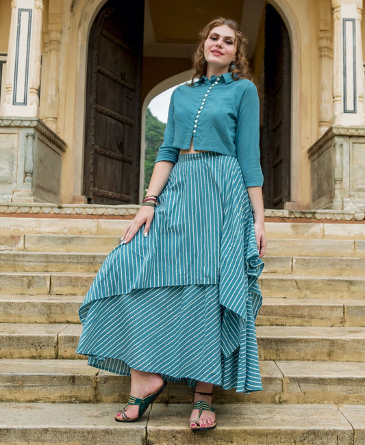 Grey Stripes Printed Handkerchief Skirt with Crop Top