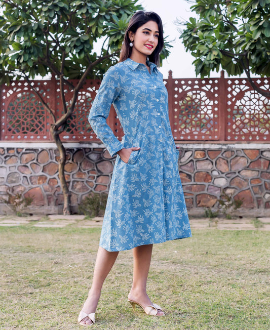 Blue Hand Block Printed Shirt Dress