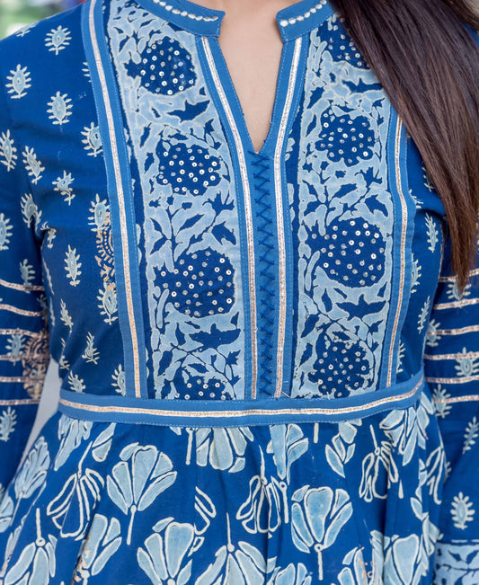 Indigo and Gold Printed Embroidered Flared Dress with Gotta Trims