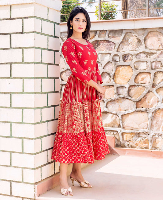 Red Hand Block Printed Tiered Dress