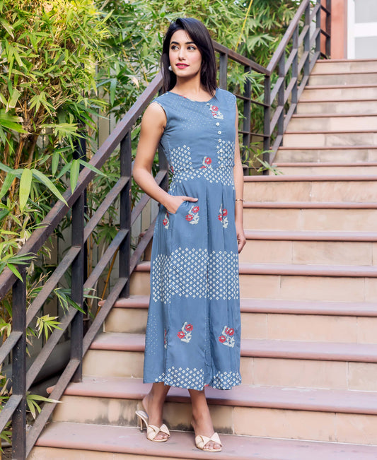 Grey Hand Block Printed Sleeveless Dress