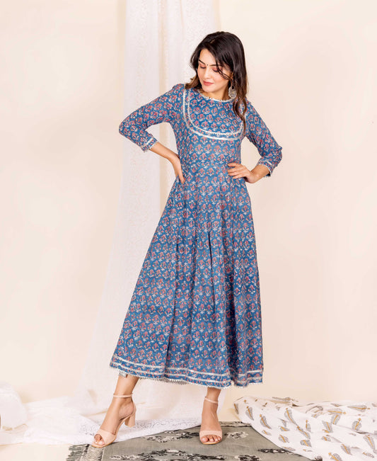 Marlin Blue Hand Block Printed Cotton Dress