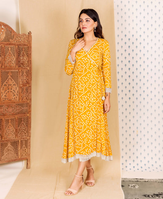 Yellow Hand Block Printed Angrakha Dress