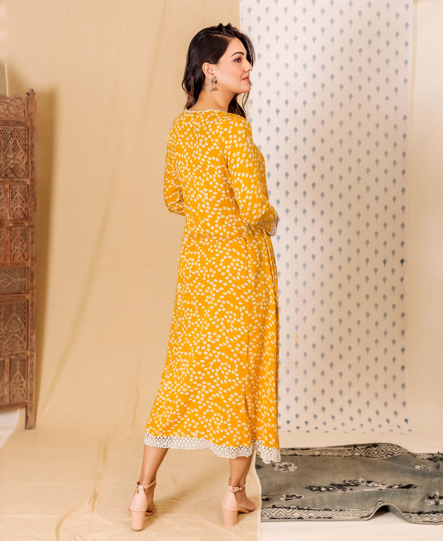 Yellow Hand Block Printed Angrakha Dress