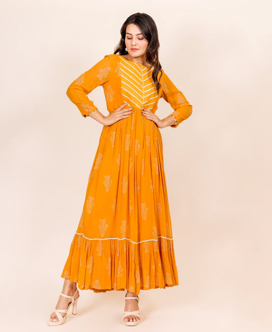 Ochre Hand Block Printed Georgette Dress
