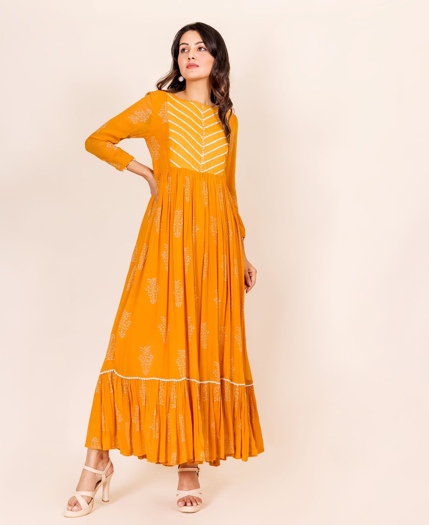 Ochre Hand Block Printed Georgette Dress