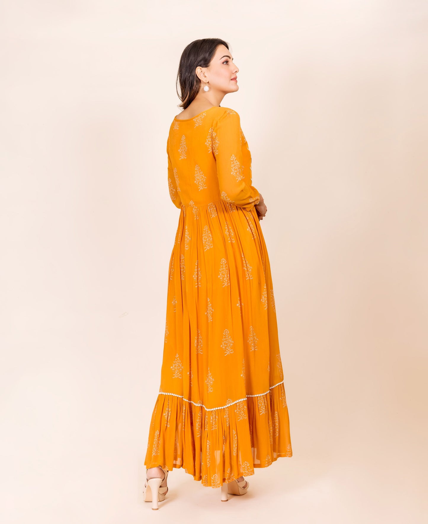 Ochre Hand Block Printed Georgette Dress