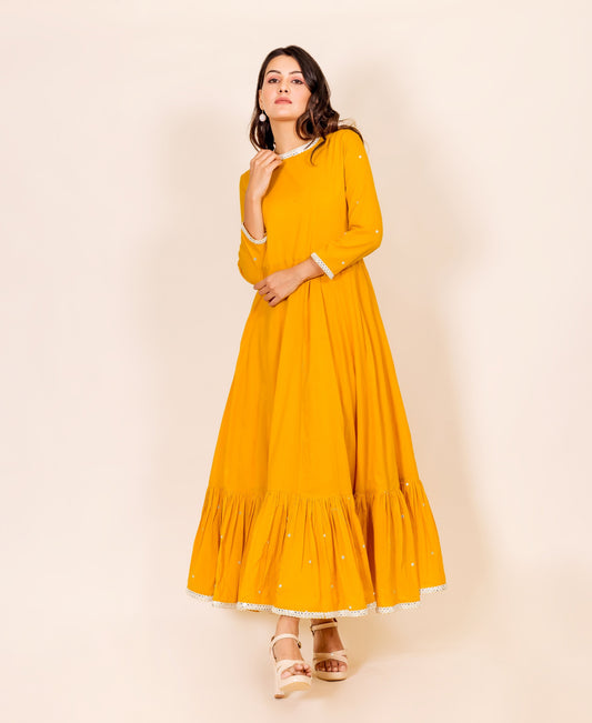 Mustard Anarkali Dress with Mirror Work