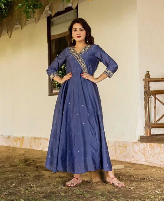 Steel Blue Hand Embroidered Chanderi Dress