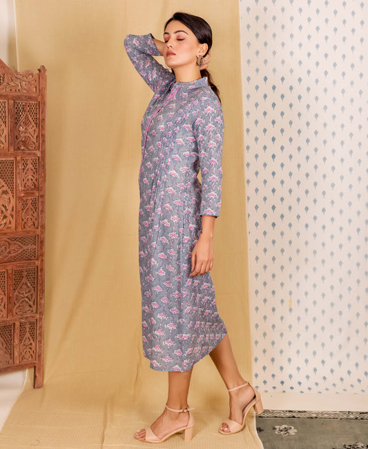 Steel Grey and Pink Hand Block Printed Shirt Dress