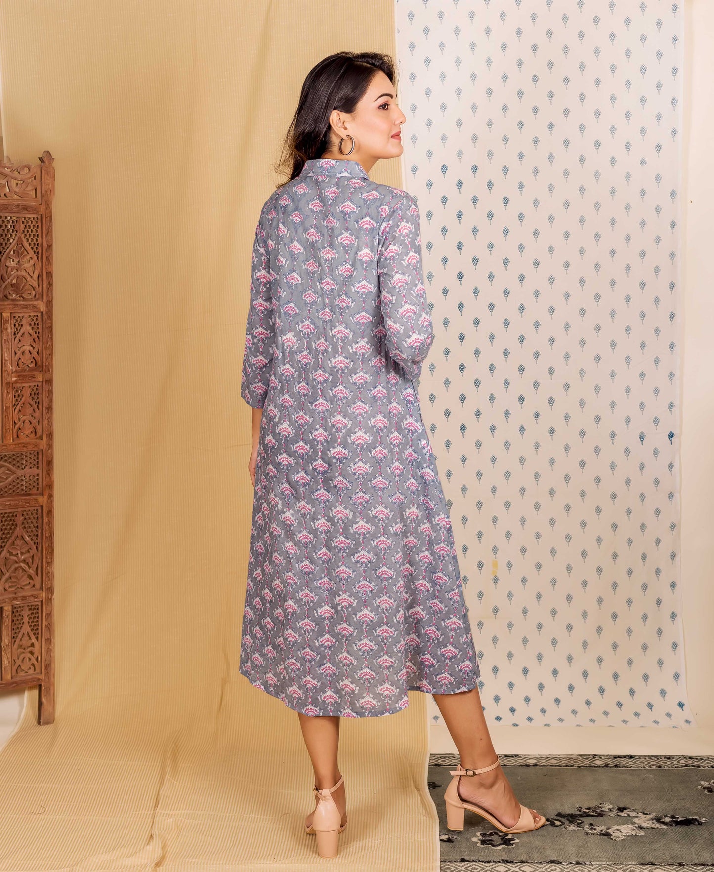 Steel Grey and Pink Hand Block Printed Shirt Dress