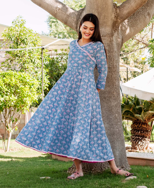 Blue and Pink Hand Block Printed Angrakha Style Dress