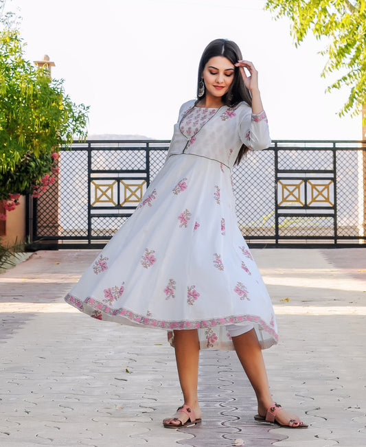 White and Pink Hand Block Printed Dress