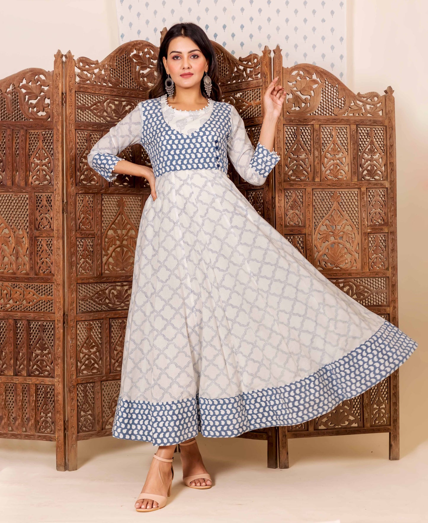 White Hand Block Printed Anarkali Dress