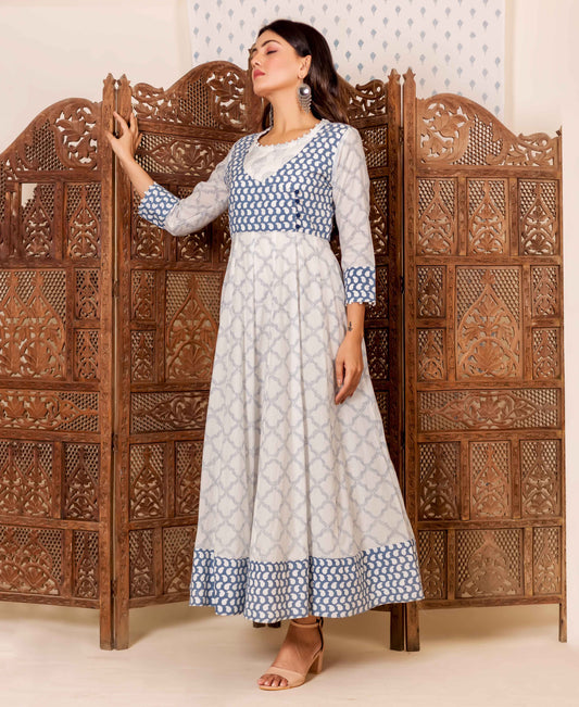 White Hand Block Printed Anarkali Dress