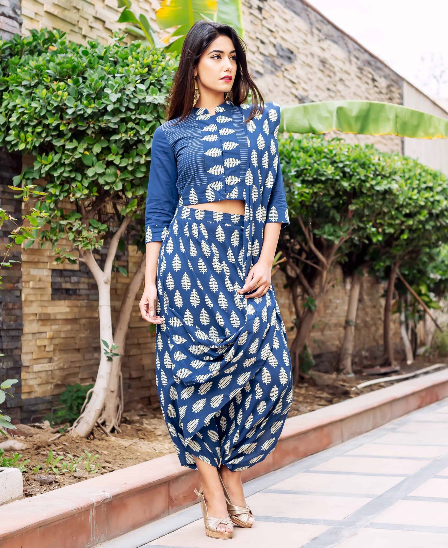 Indigo Block Printed Designer Dhoti Saree