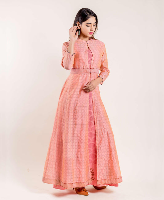 Peach Hand Block Printed Indo Western Jacket Dress