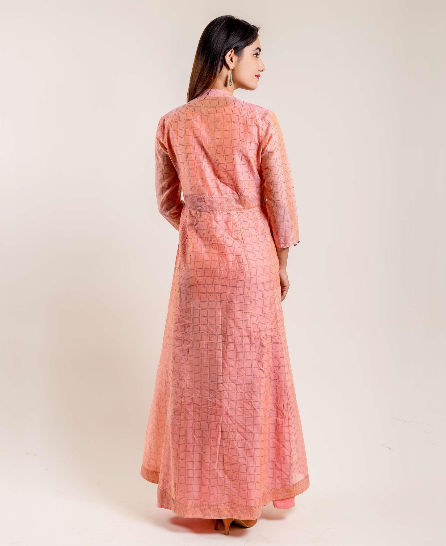 Peach Hand Block Printed Indo Western Jacket Dress