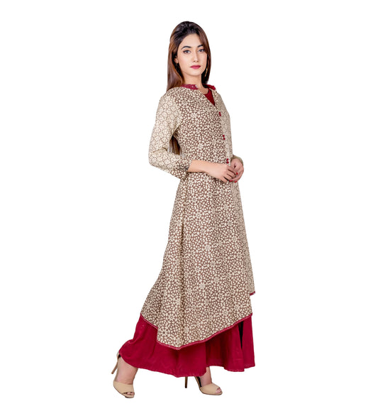 Hand Block Printed Indo Western Style Long Dress with Asymmetrical Kurta