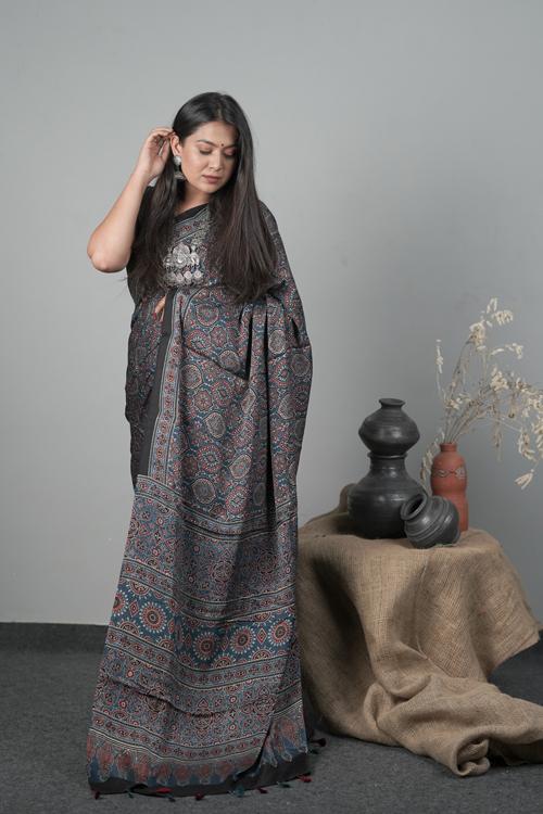 Traditional Indigo Blue Ajrakh Hand block Printed Modal - Silk Saree