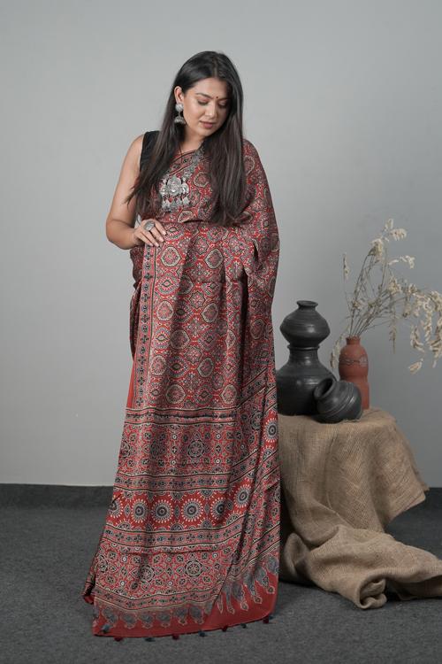 Traditional Hand block Printed Ajrakh Modal-Silk Saree Col-Red