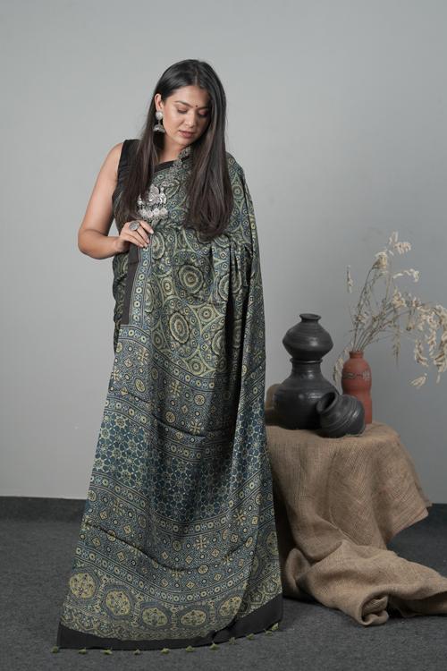 Traditional Modal-Silk Ajrakh Hand block Printed Saree Col- Indigo blue