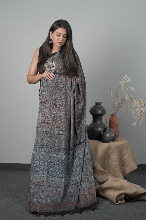 Traditional Ajrakh Hand block Printed Modal-Silk Saree, Colour Indigo Blue
