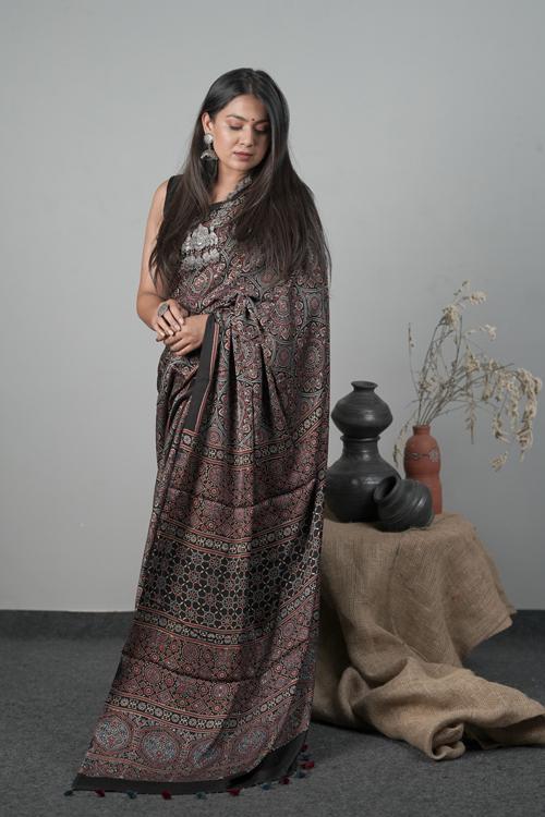 Traditional Ajrakh Hand block Printed Modal-Silk Black Saree